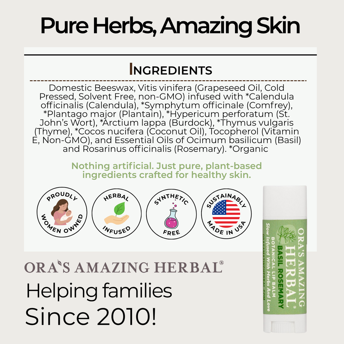 Natural Lip Balm, Herbal Infused, Basil Rosemary