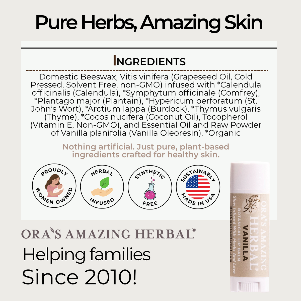 Natural Lip Balm, Herbal Infused, Vanilla