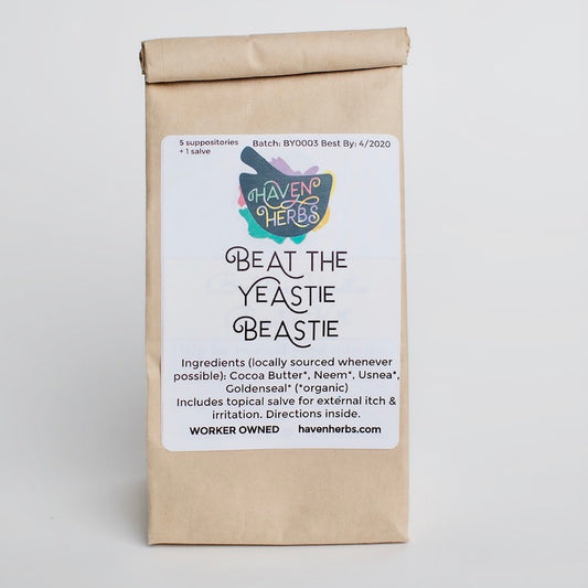 Kraft paper tin tie bag labeled Beat the Yeastie Beastie