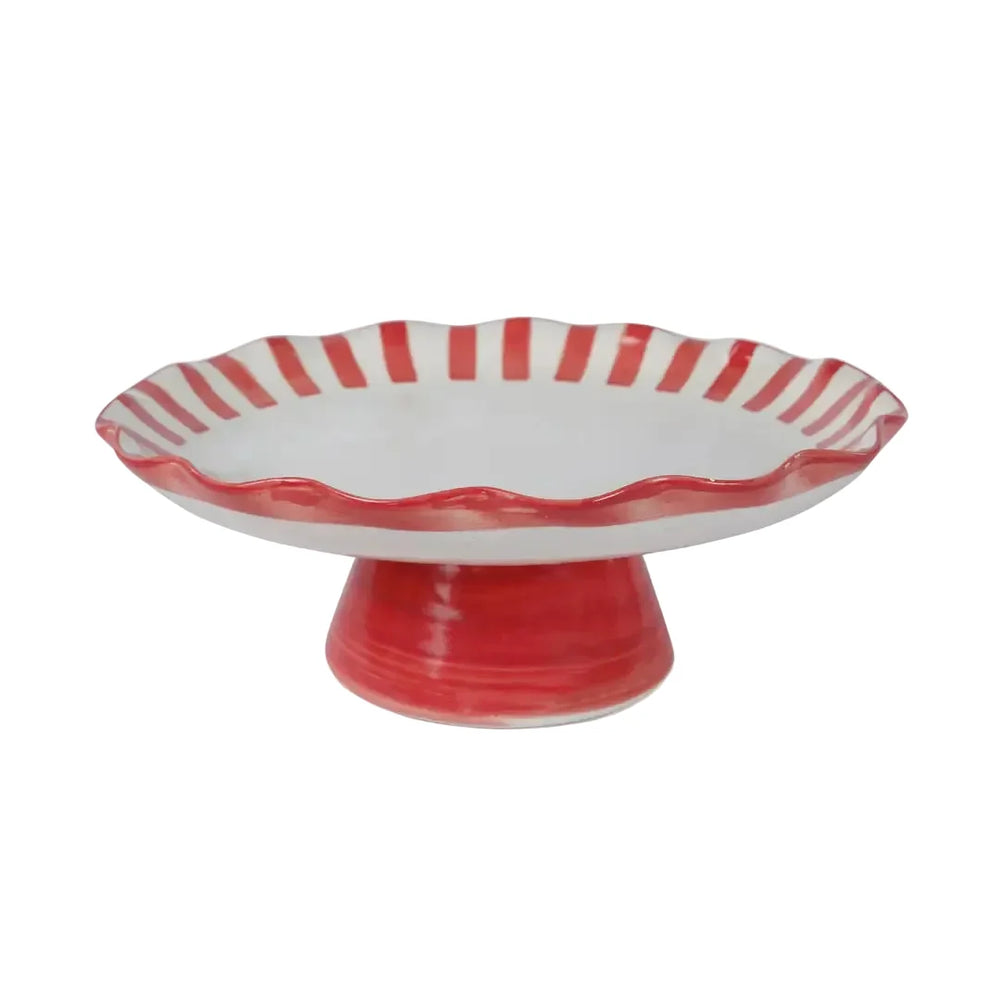 Red Stripe Cake Stand | Handpainted Stoneware