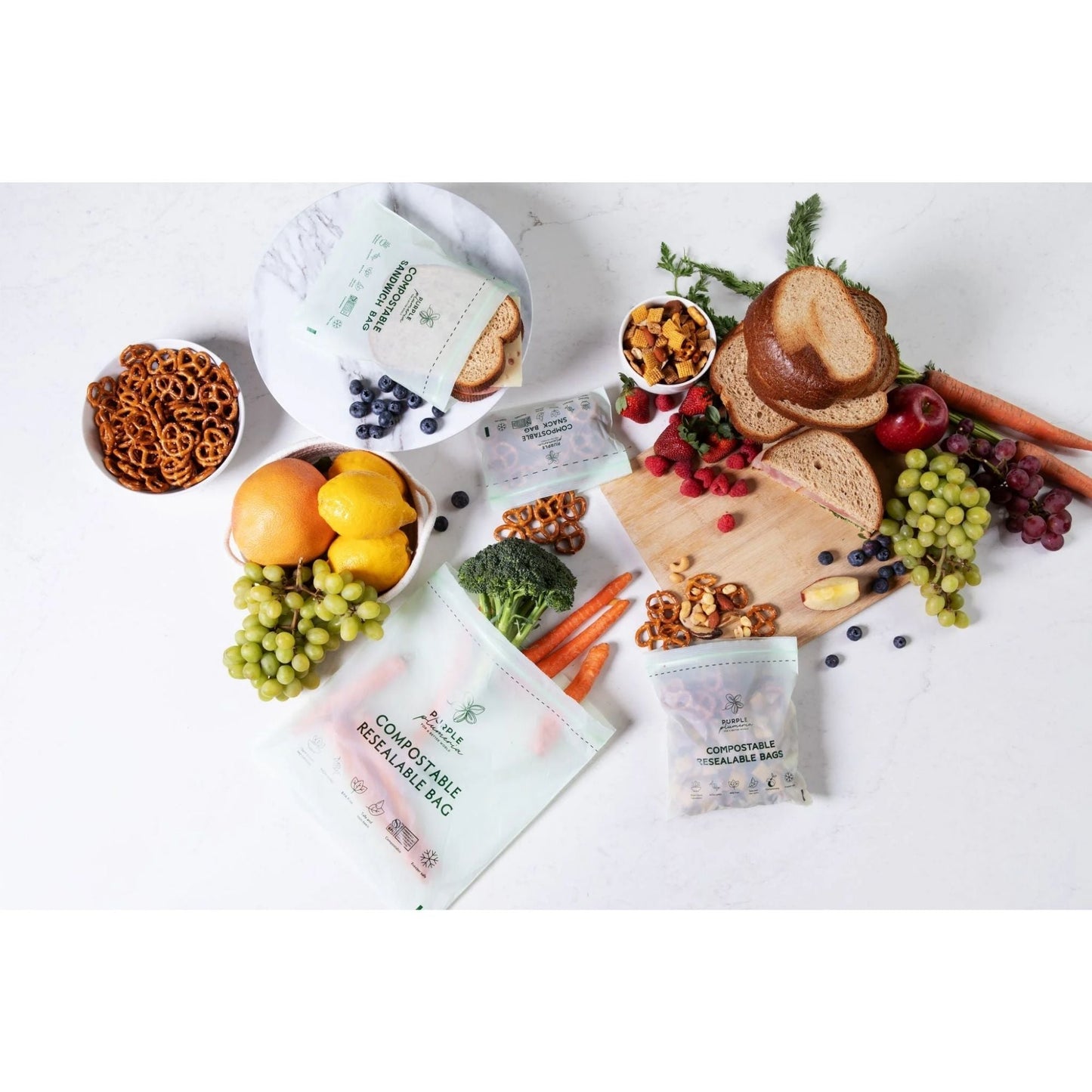 Compostable Zipper Storage Bags. Snack, Sandwich, Quart & Gallon Size
