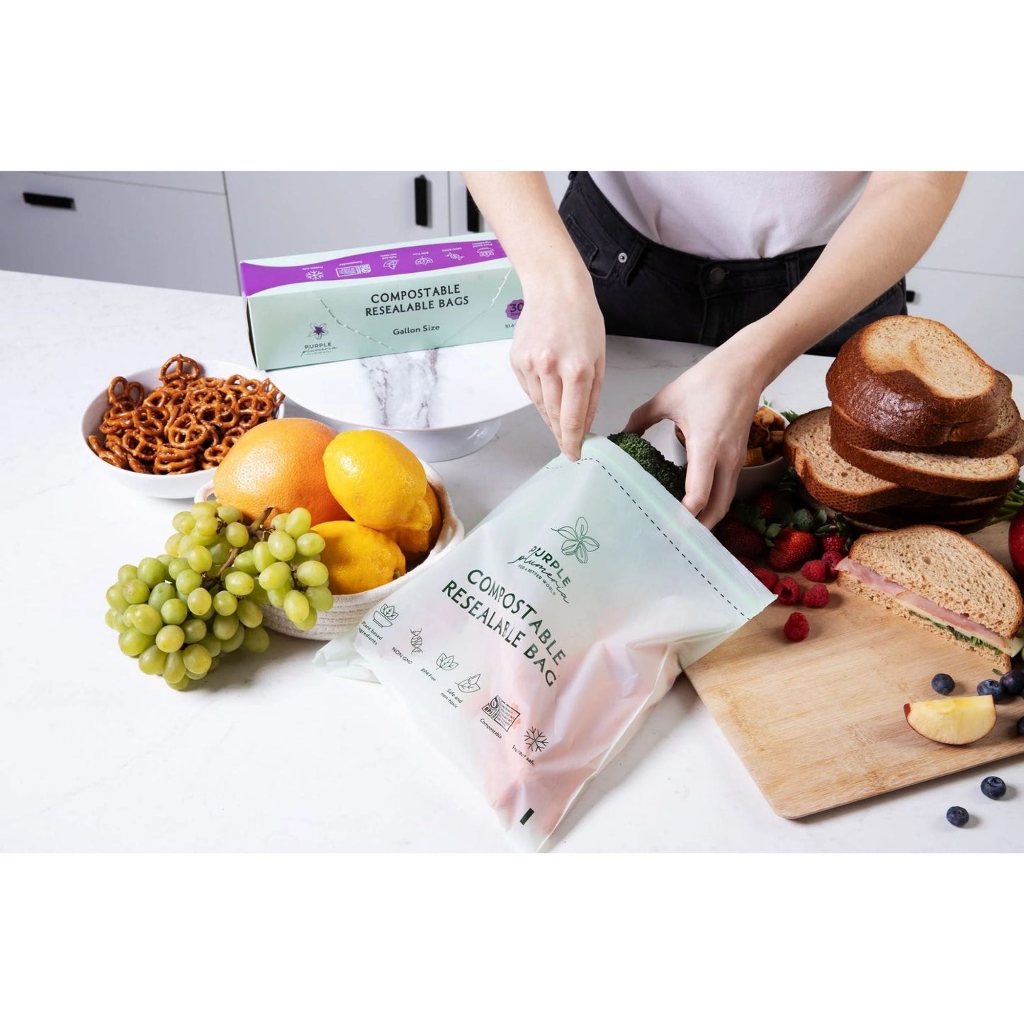 Compostable Zipper Storage Bags. Snack, Sandwich, Quart & Gallon Size