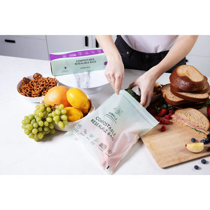 Compostable Zipper Storage Bags. Snack, Sandwich, Quart & Gallon Size