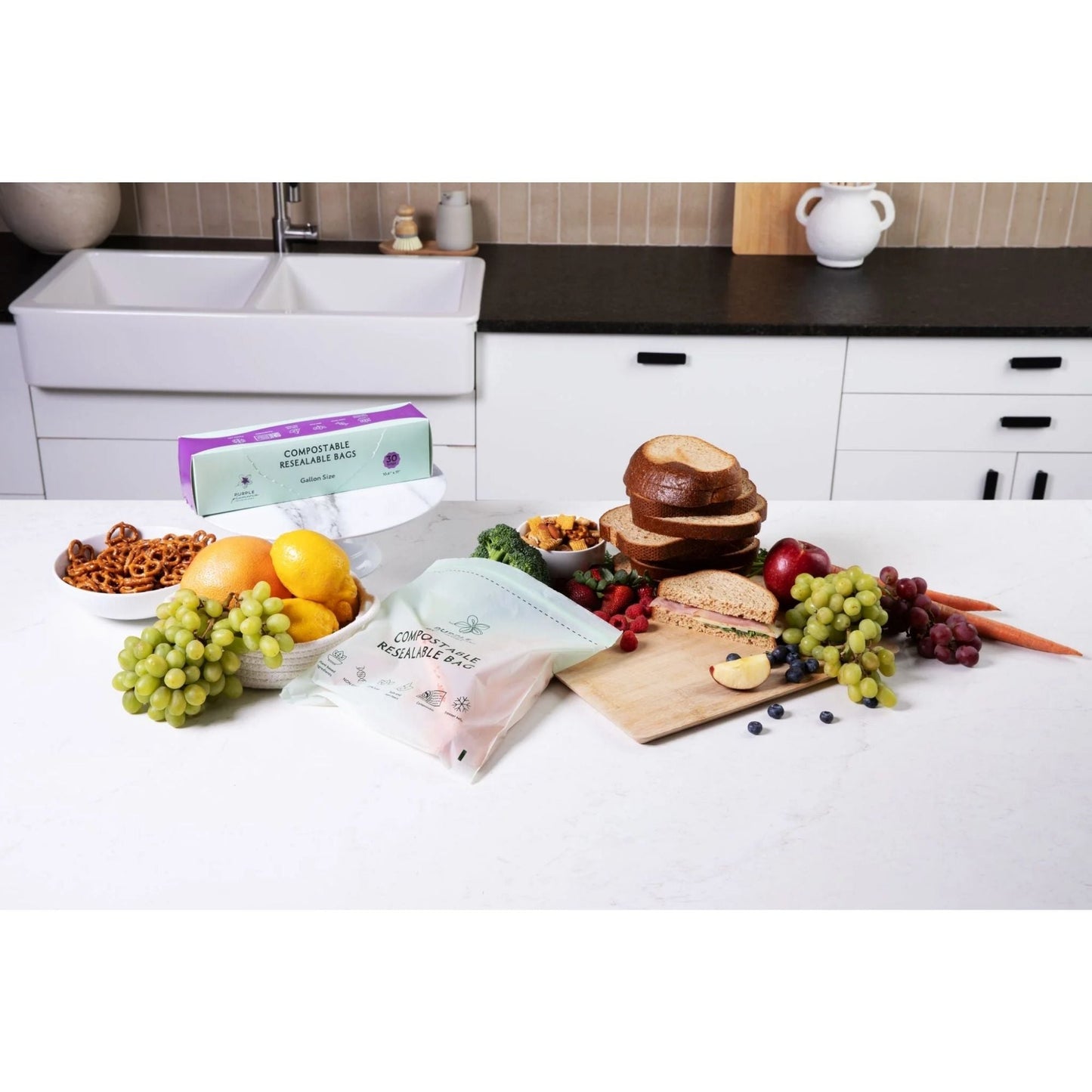 Compostable Zipper Storage Bags. Snack, Sandwich, Quart & Gallon Size