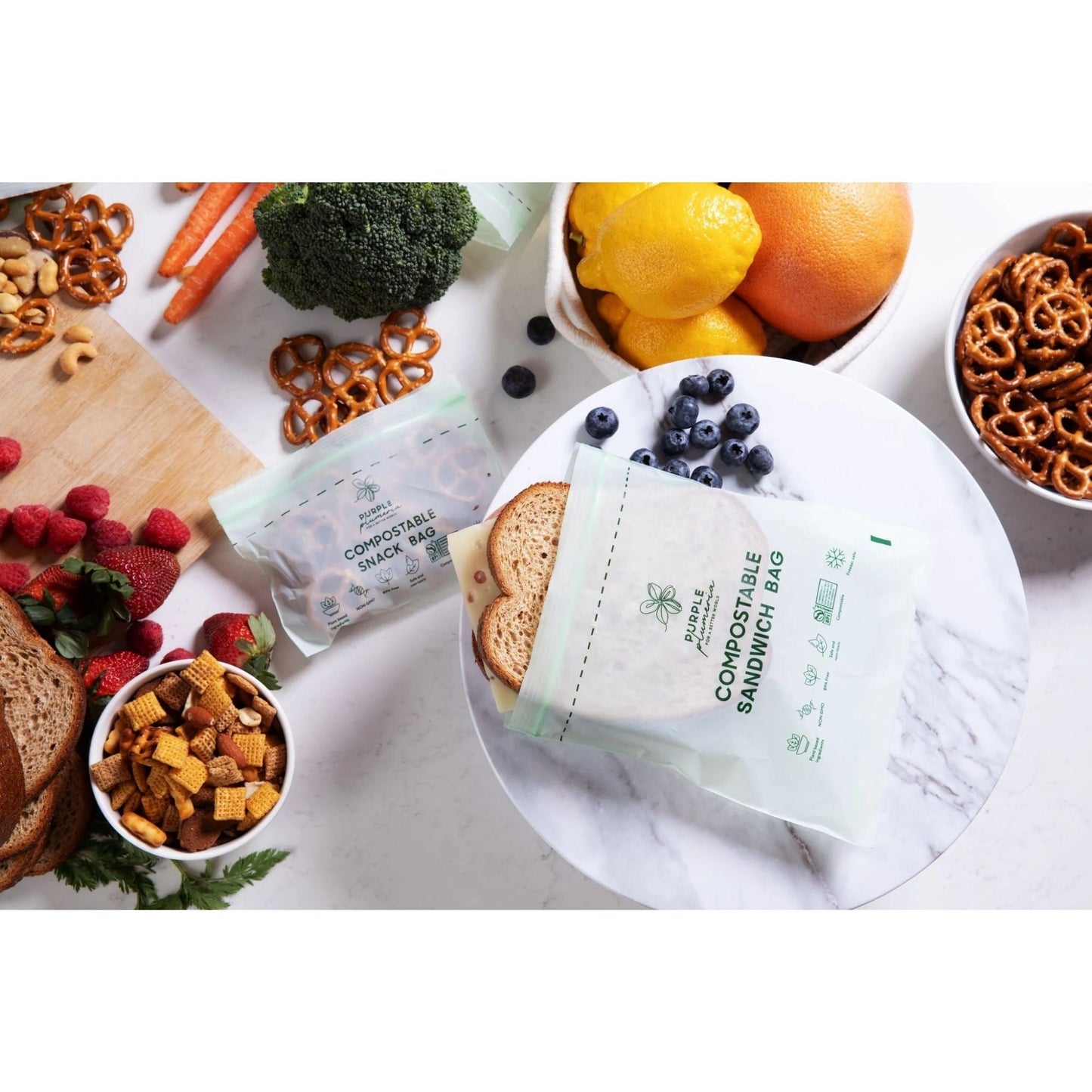 Compostable Zipper Storage Bags. Snack, Sandwich, Quart & Gallon Size