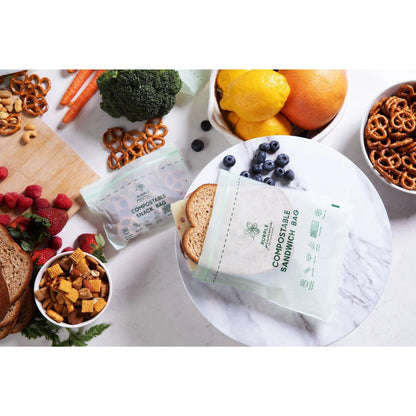 Compostable Zipper Storage Bags. Snack, Sandwich, Quart & Gallon Size