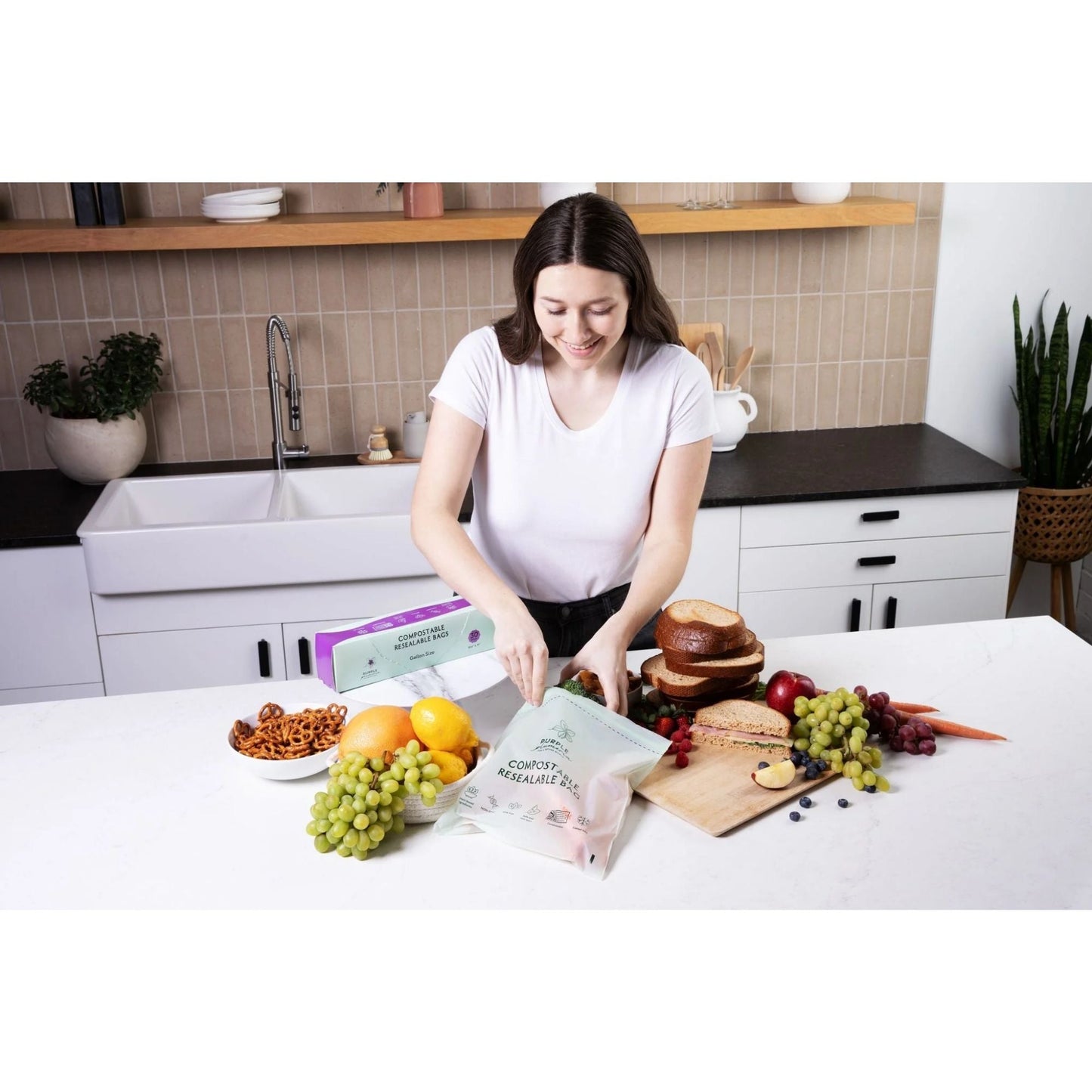 Compostable Zipper Storage Bags. Snack, Sandwich, Quart & Gallon Size