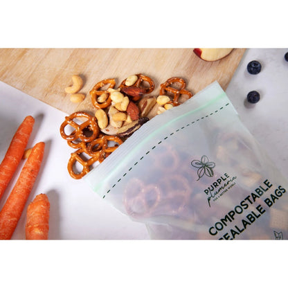 Compostable Zipper Storage Bags. Snack, Sandwich, Quart & Gallon Size