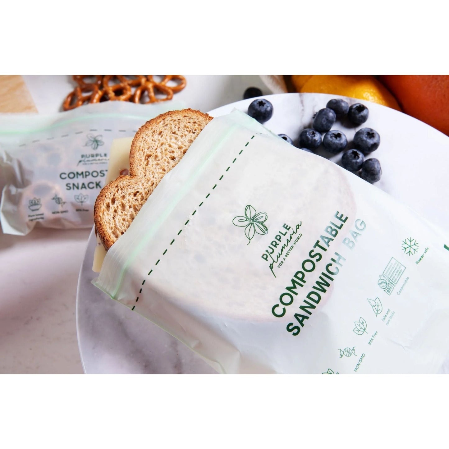 Compostable Zipper Storage Bags. Snack, Sandwich, Quart & Gallon Size