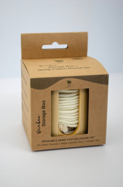 Bamboo Storage Box + Reusable Hemp Cotton Rounds – 15-Pack Zero Waste Skincare Set