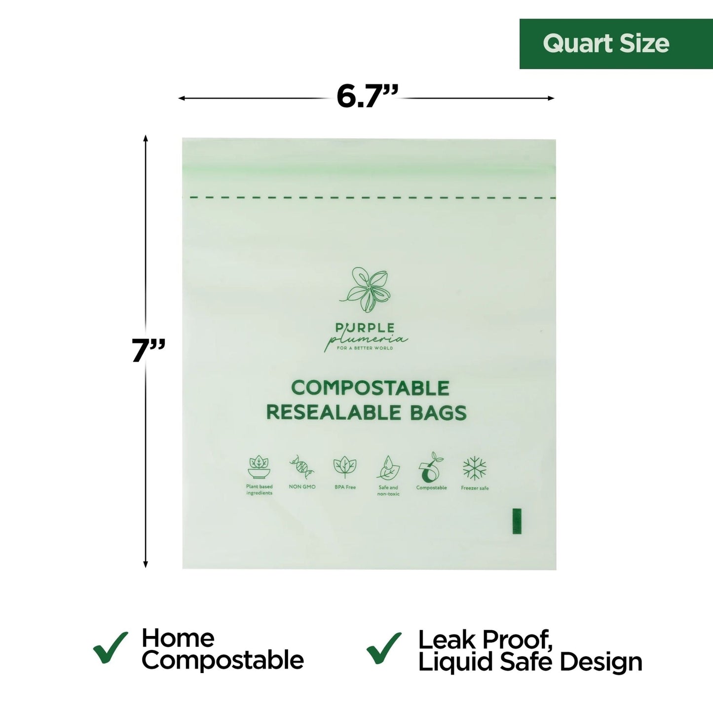 Compostable Zipper Storage Bags. Snack, Sandwich, Quart & Gallon Size