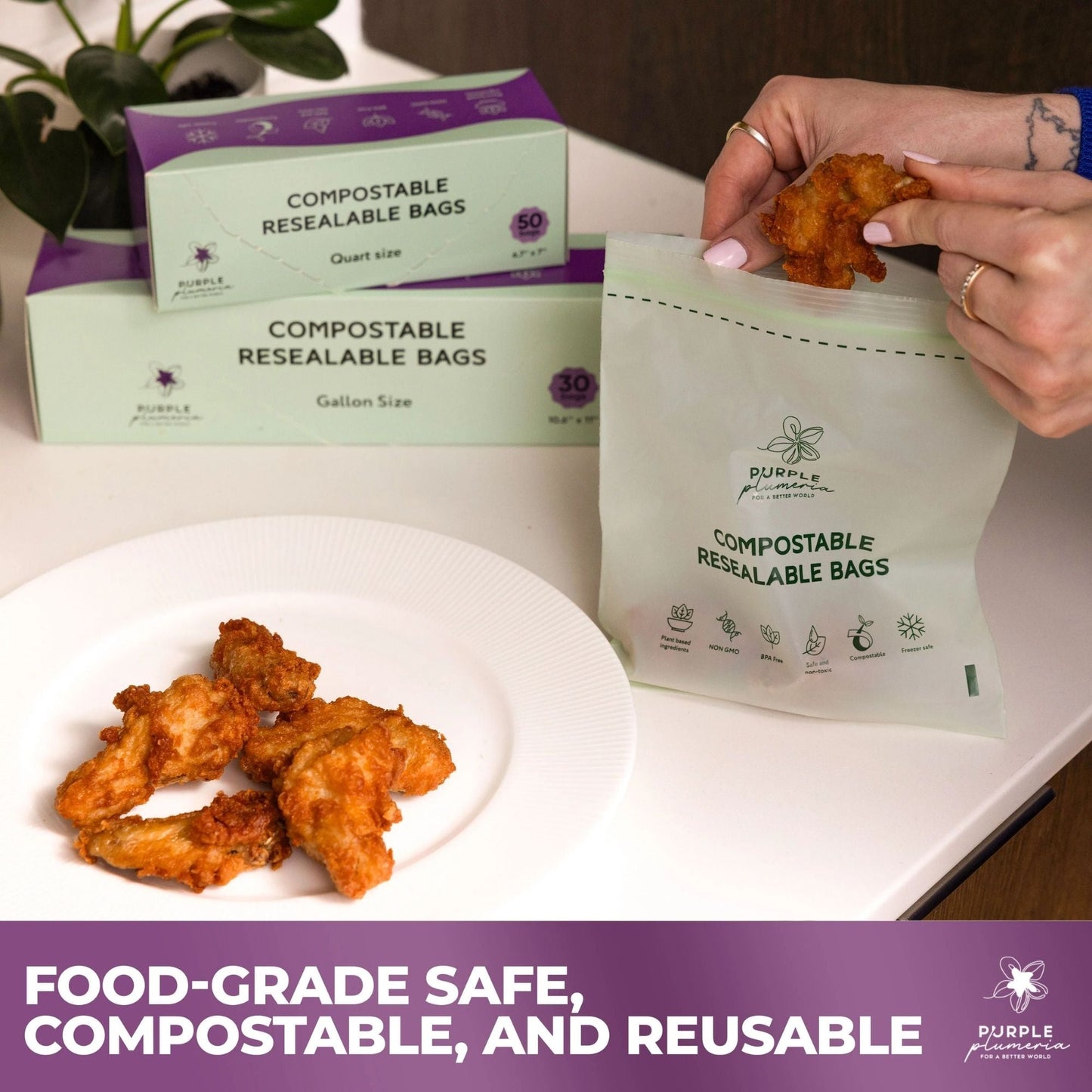 Compostable Zipper Storage Bags. Snack, Sandwich, Quart & Gallon Size