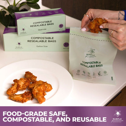 Compostable Zipper Storage Bags. Snack, Sandwich, Quart & Gallon Size