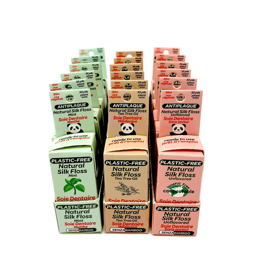 3 packs of 100%-Plastic Free Silk Dental Floss (3 flavor options)