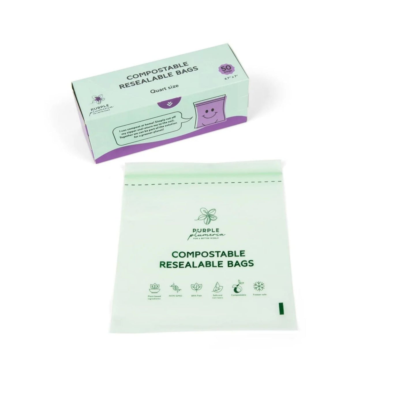 Compostable Zipper Storage Bags. Snack, Sandwich, Quart & Gallon Size