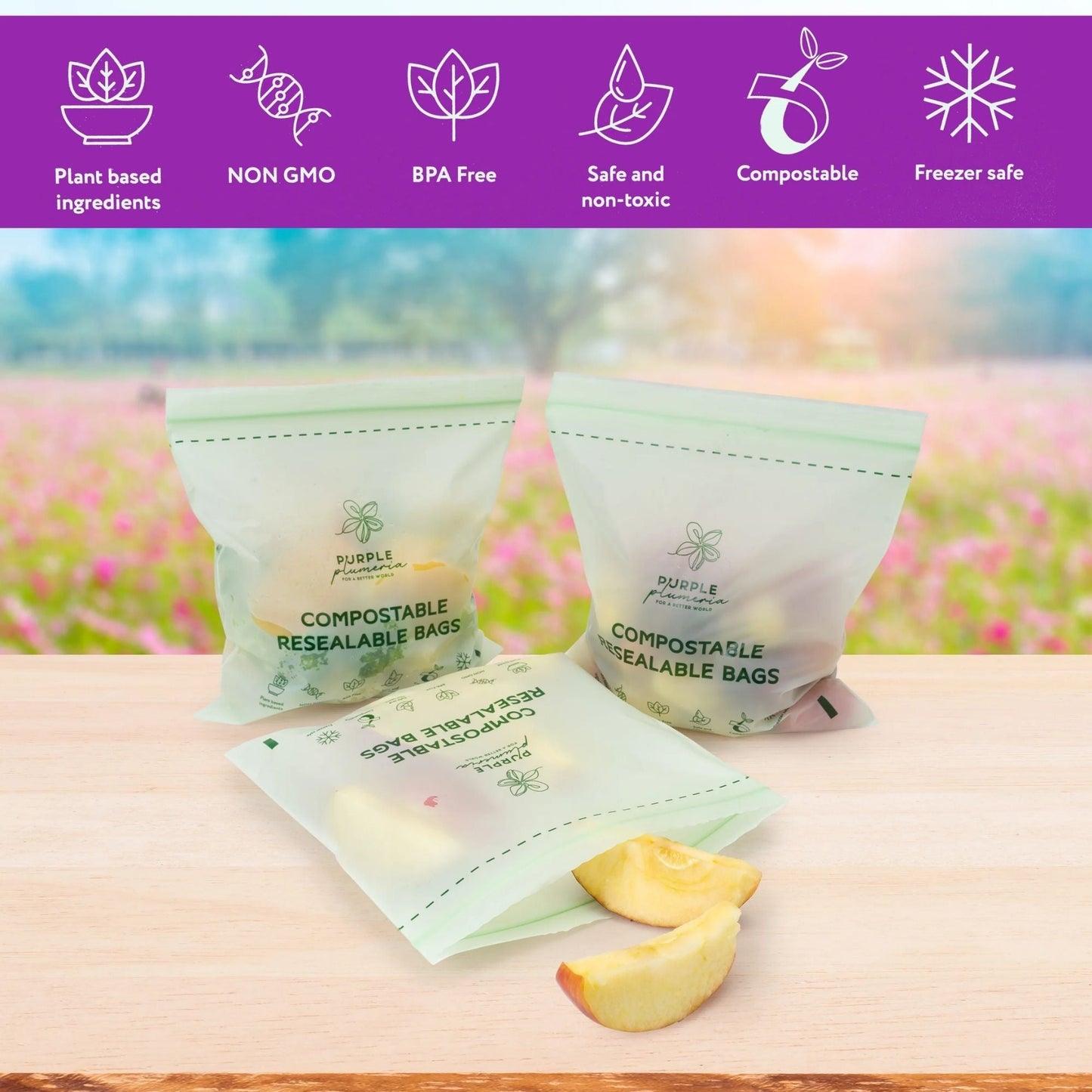 Compostable Zipper Storage Bags. Snack, Sandwich, Quart & Gallon Size