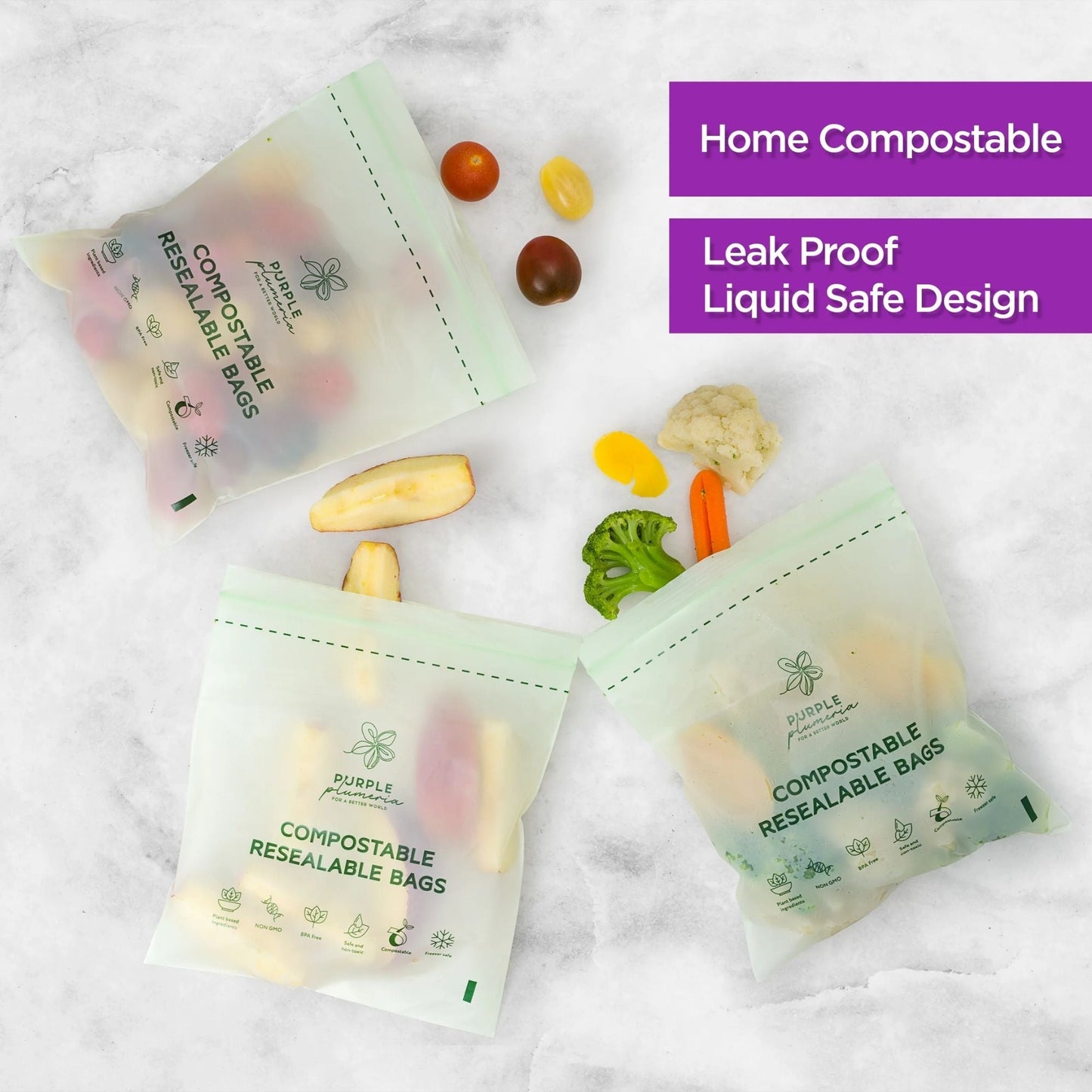 Compostable Zipper Storage Bags. Snack, Sandwich, Quart & Gallon Size