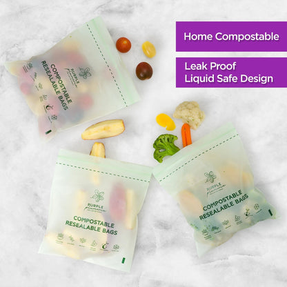 Compostable Zipper Storage Bags. Snack, Sandwich, Quart & Gallon Size