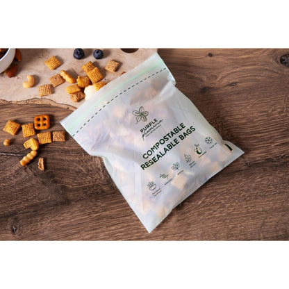 Compostable Zipper Storage Bags. Snack, Sandwich, Quart & Gallon Size