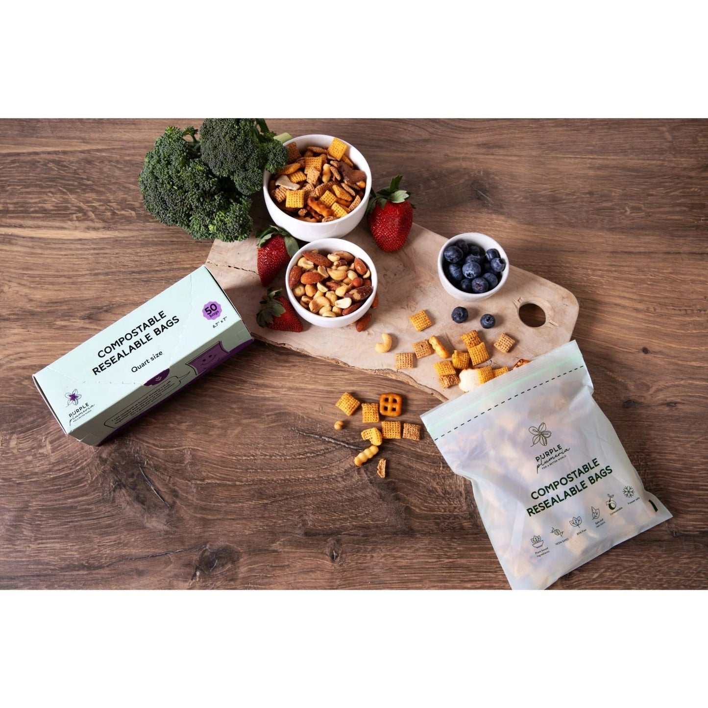 Compostable Zipper Storage Bags. Snack, Sandwich, Quart & Gallon Size