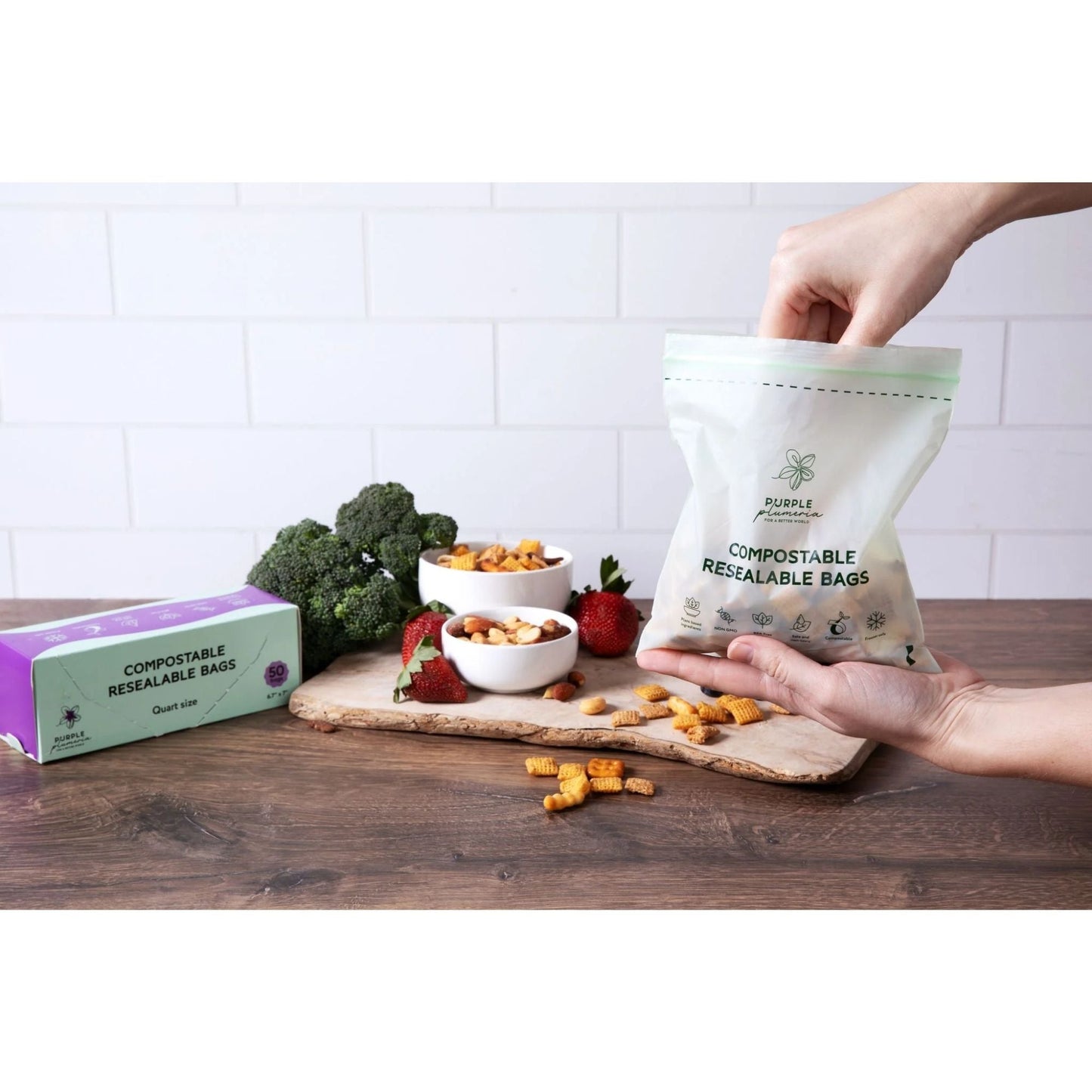Compostable Zipper Storage Bags. Snack, Sandwich, Quart & Gallon Size