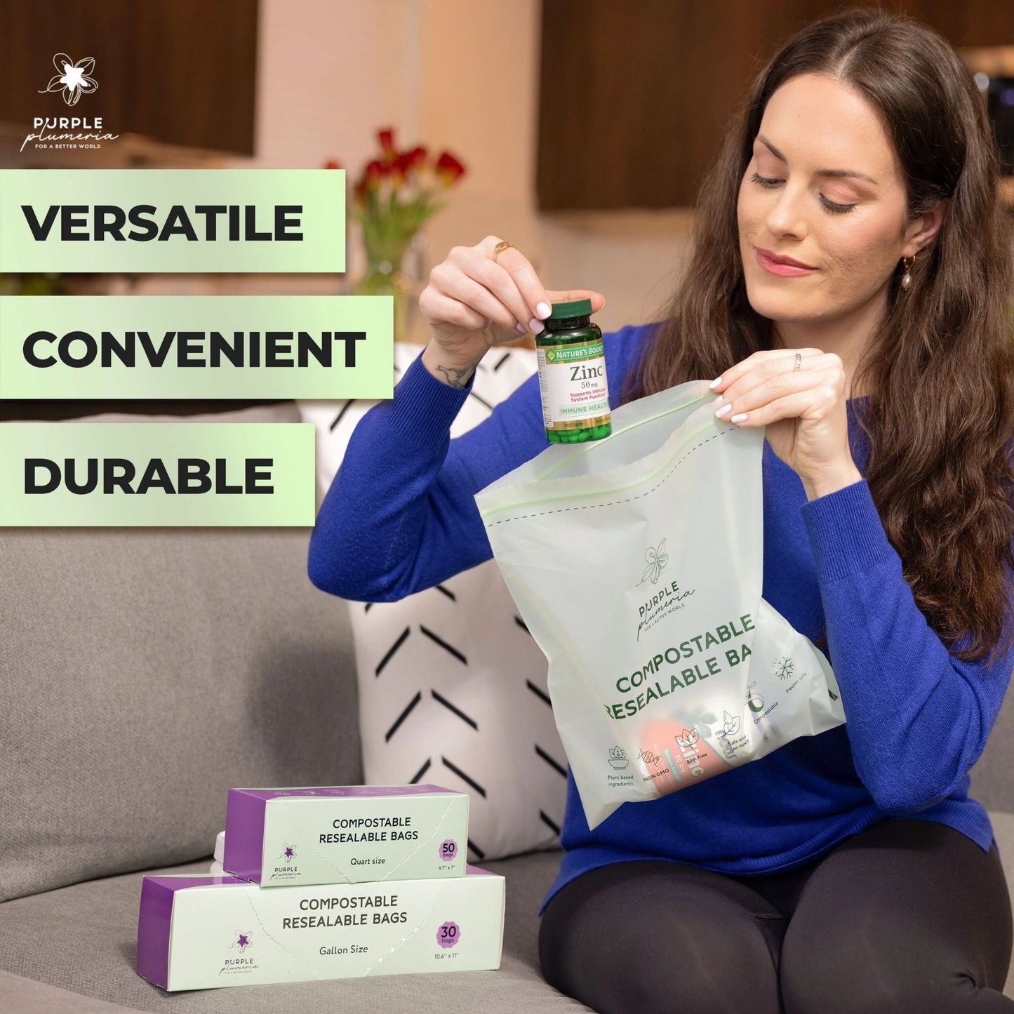 Compostable Zipper Storage Bags. Snack, Sandwich, Quart & Gallon Size