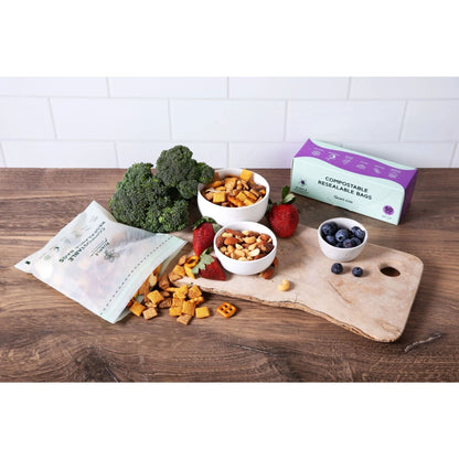 Compostable Zipper Storage Bags. Snack, Sandwich, Quart & Gallon Size