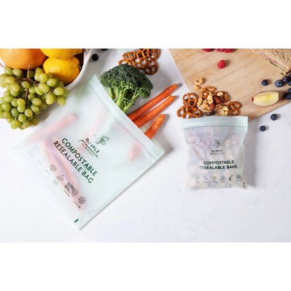 Compostable Zipper Storage Bags. Snack, Sandwich, Quart & Gallon Size