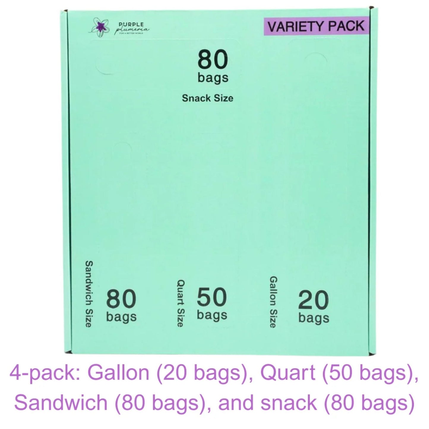 Compostable Zipper Storage Bags. Snack, Sandwich, Quart & Gallon Size