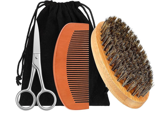 Beard Grooming Kit:  Brush, Comb & Scissors Set