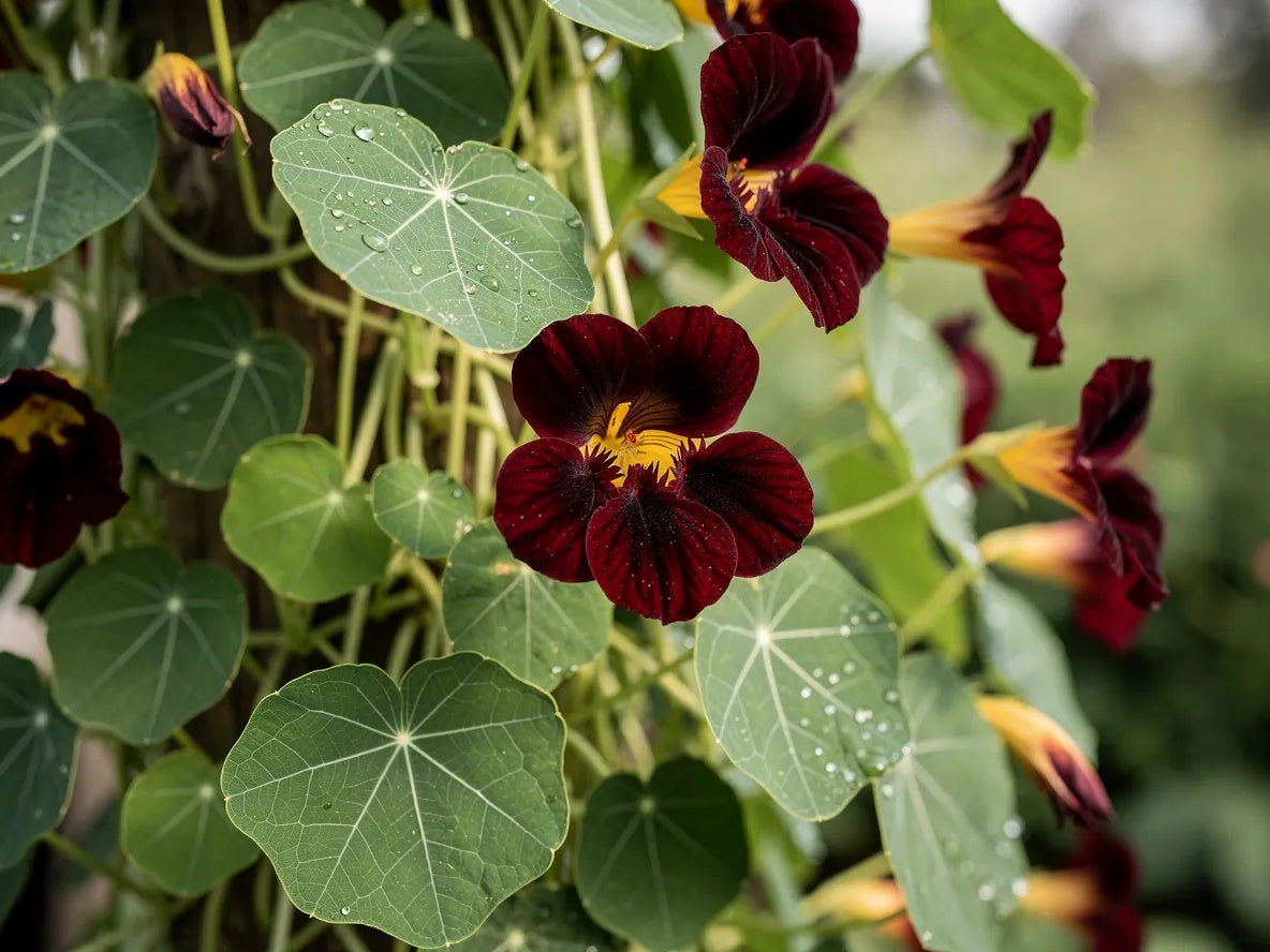 20 BLACK VELVET NASTURTIUM Tropaeolum Majus Dark Maroon Red Hummingbird Flower Seeds
