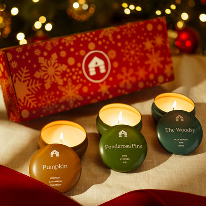 Scented Candle Gift Box - Three 8oz Aromática Candle Tins - Pumpkin, Pine & Woodsy