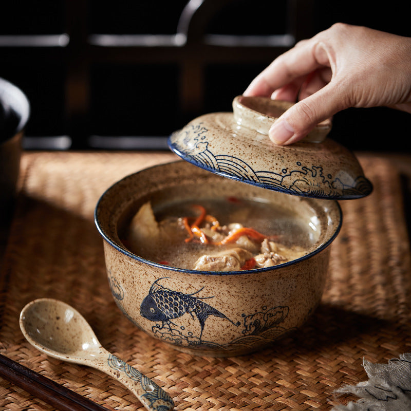 6.5 inch instant noodles bowl with cover bento box student underglaze color ceramic suit Lamian Noodles bowl canteen tableware
