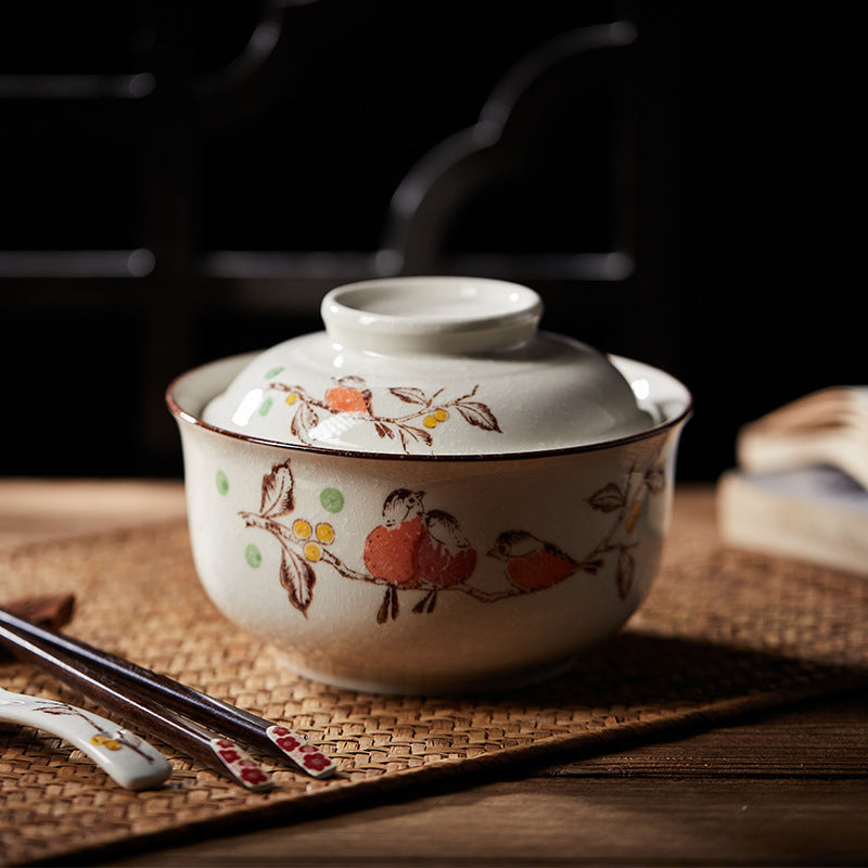 6.5 inch instant noodles bowl with cover bento box student underglaze color ceramic suit Lamian Noodles bowl canteen tableware