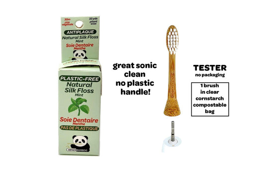Bundle! 1x Mint Plastic Free Silk Dental Floss + 1 x Replacement Bamboo Brush Head + Philips Sonicare Click-on handle compatible)