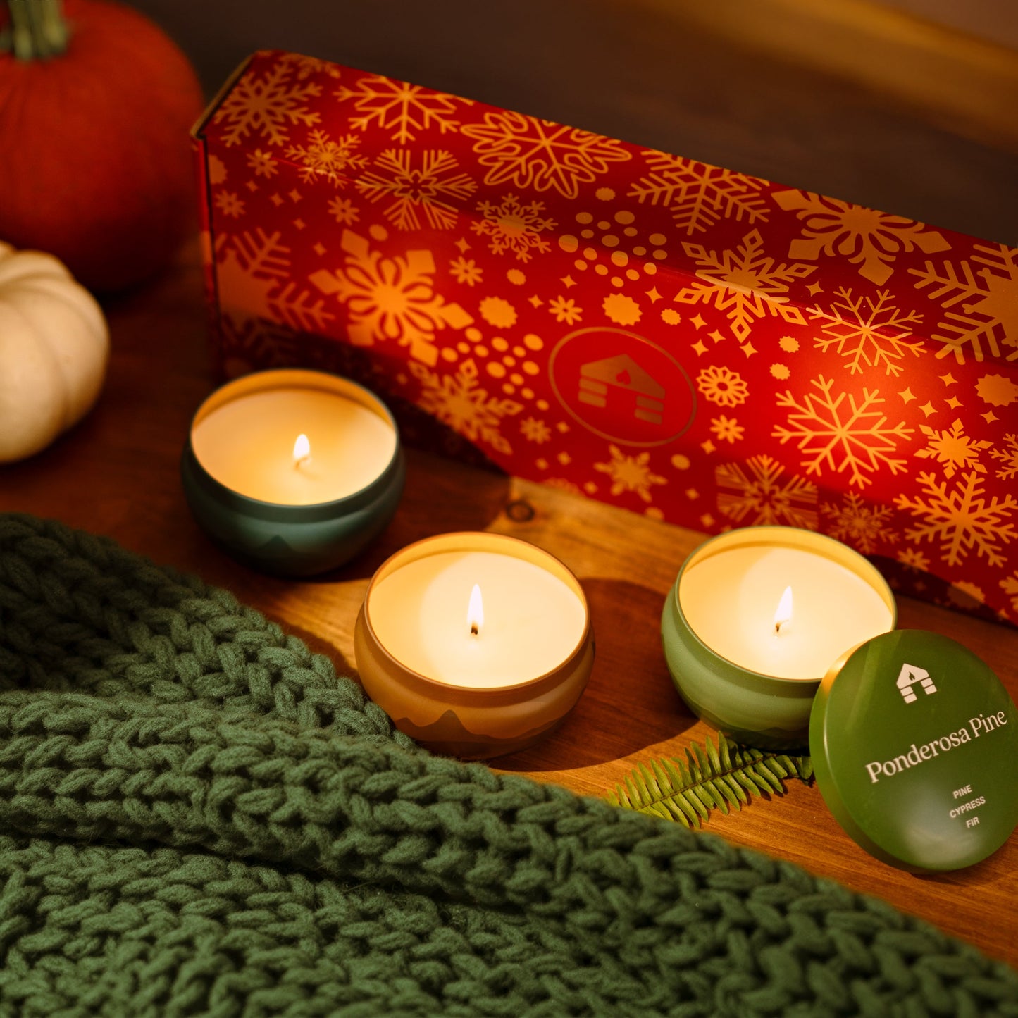 Scented Candle Gift Box - Three 8oz Aromática Candle Tins - Pumpkin, Pine & Woodsy
