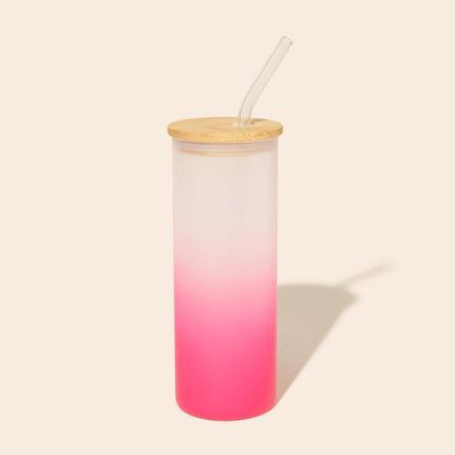 Colored Tall Glass Cup with Glass Straw