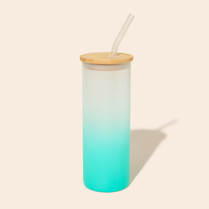 Colored Tall Glass Cup with Glass Straw
