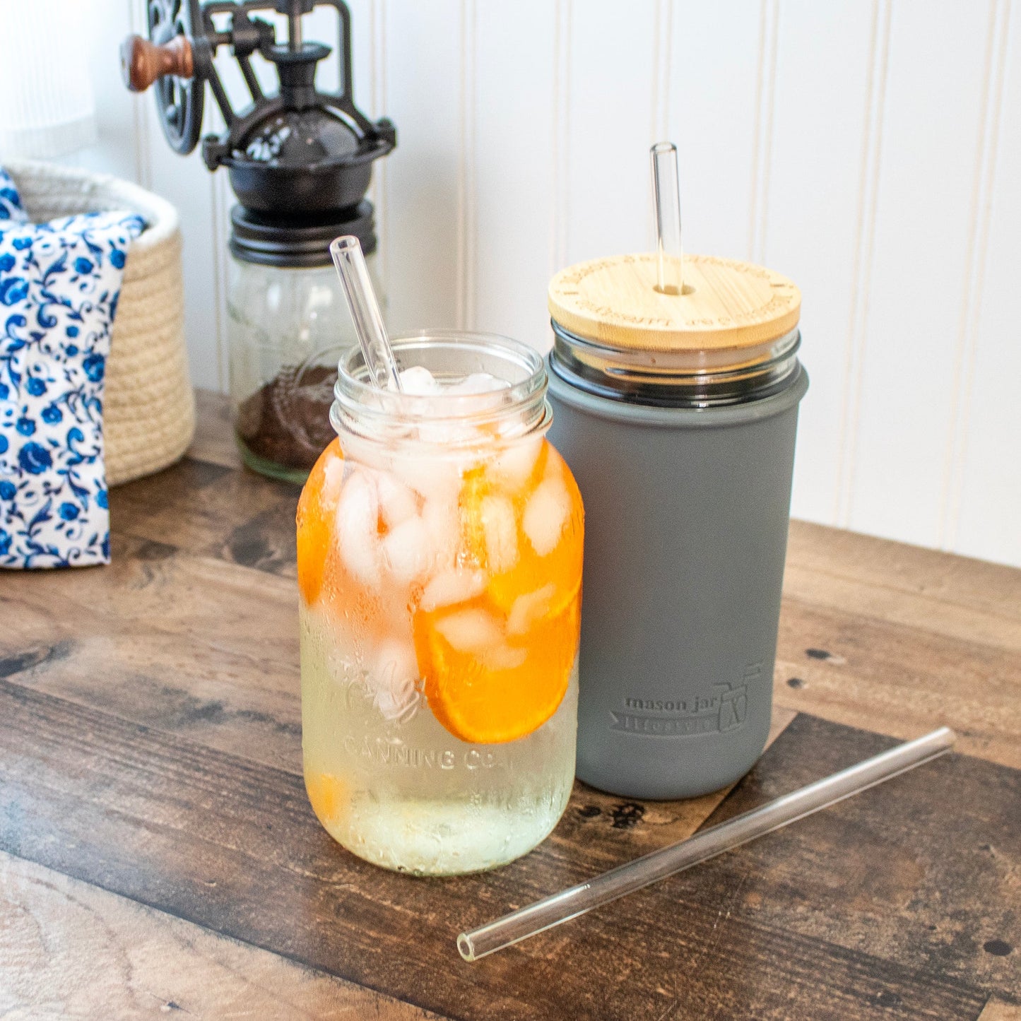 Long Glass Straws for Quart Mason Jars 4 Pack + Cleaner