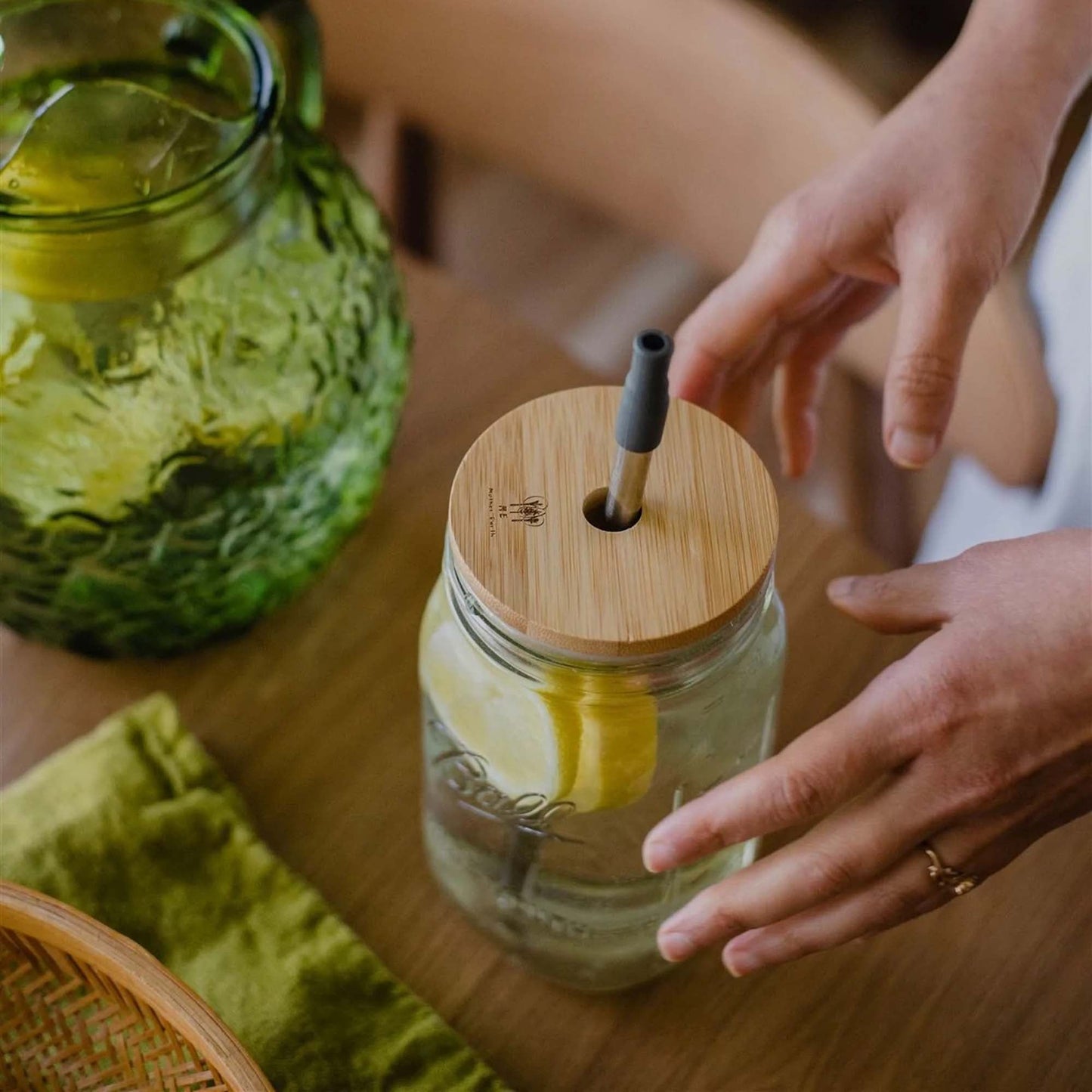 Bamboo Mason Jar Lids with Straw Hole