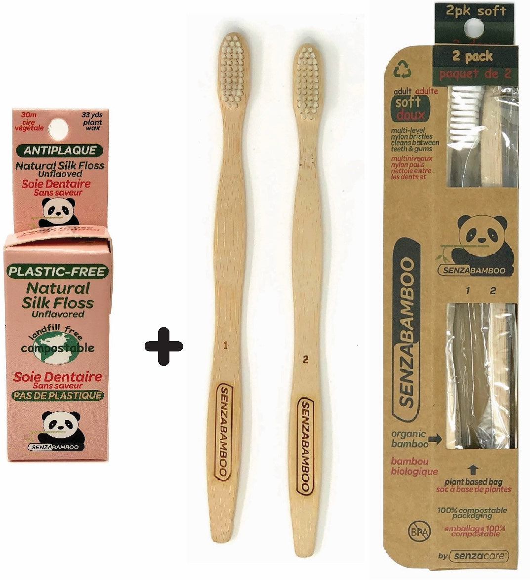 100%-Plastic Free Silk Dental Floss (Unflavored) + 2pk Soft Eco-Friendly Soft Bamboo Toothbrushes +