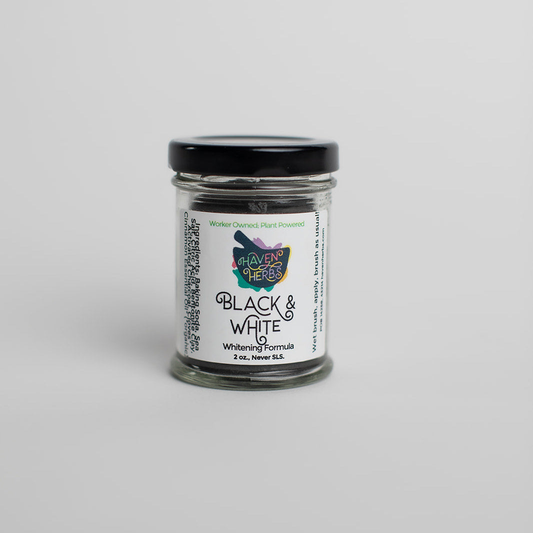 Tooth Powders by Haven Herbs. Black and White is a whitening formula.